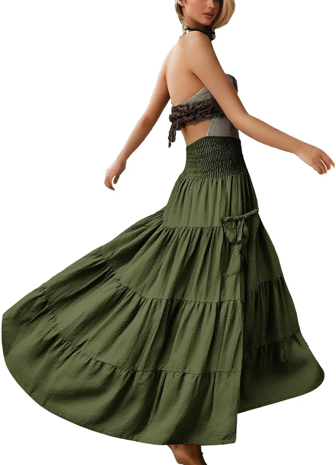 Linen Maxi Skirts for Women Flowy Skirt 2025 Boho Flowy Swing Tiered A-Line Elastic Waist Pleated Long Beach Dress