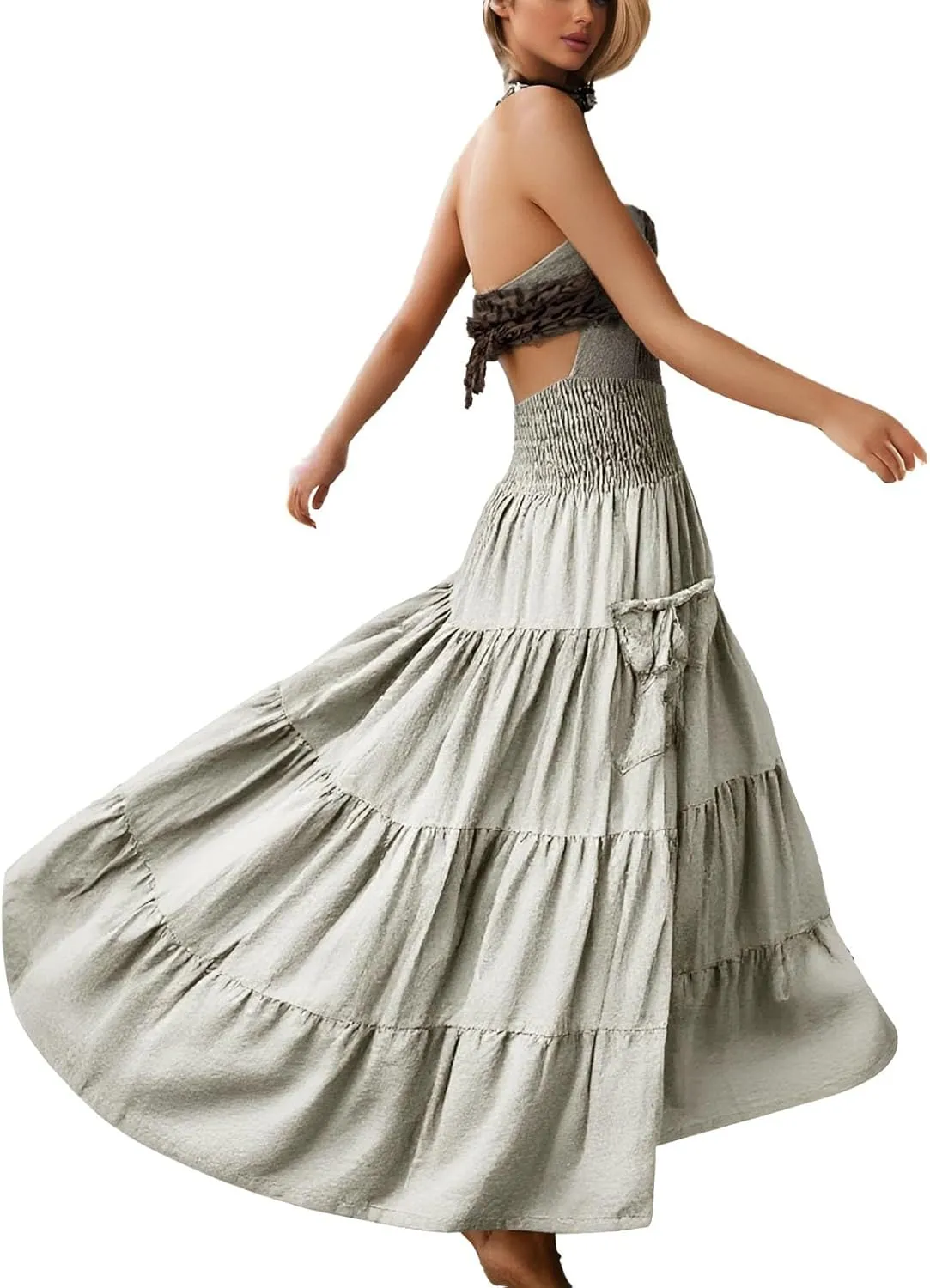 Linen Maxi Skirts for Women Flowy Skirt 2025 Boho Flowy Swing Tiered A-Line Elastic Waist Pleated Long Beach Dress