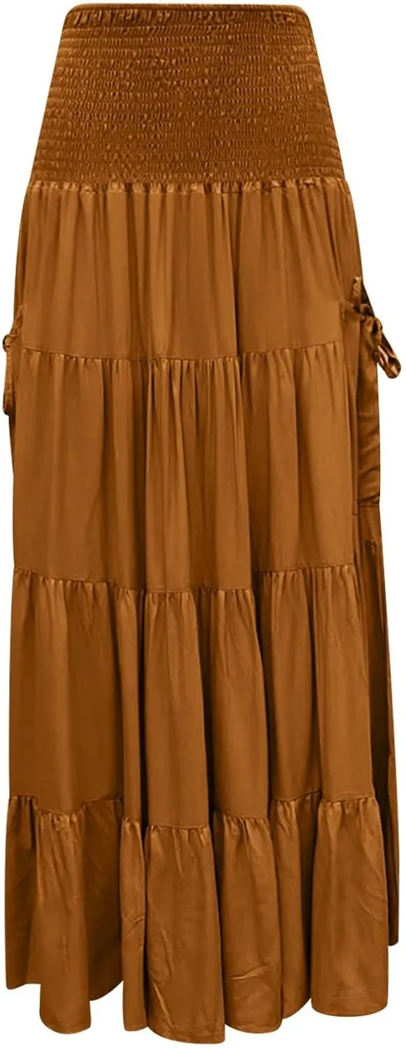 Linen Maxi Skirts for Women Flowy Skirt 2025 Boho Flowy Swing Tiered A-Line Elastic Waist Pleated Long Beach Dress