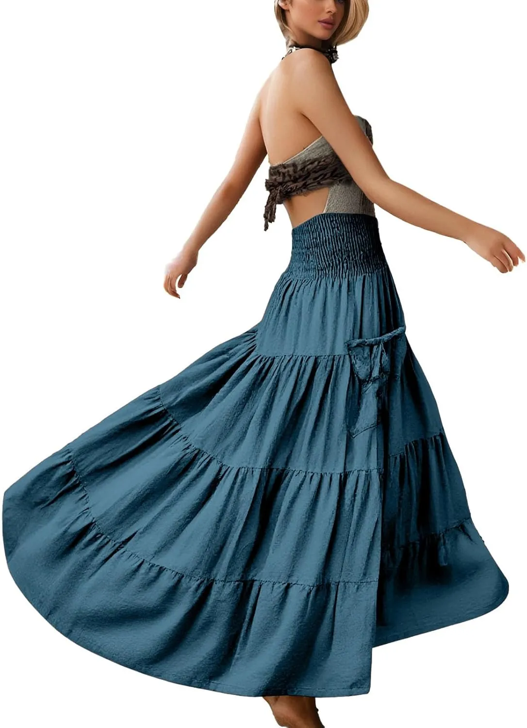 Linen Maxi Skirts for Women Flowy Skirt 2025 Boho Flowy Swing Tiered A-Line Elastic Waist Pleated Long Beach Dress