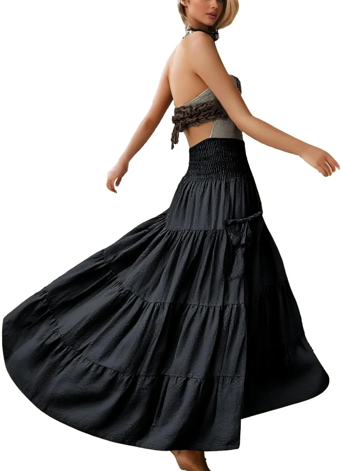 Linen Maxi Skirts for Women Flowy Skirt 2025 Boho Flowy Swing Tiered A-Line Elastic Waist Pleated Long Beach Dress