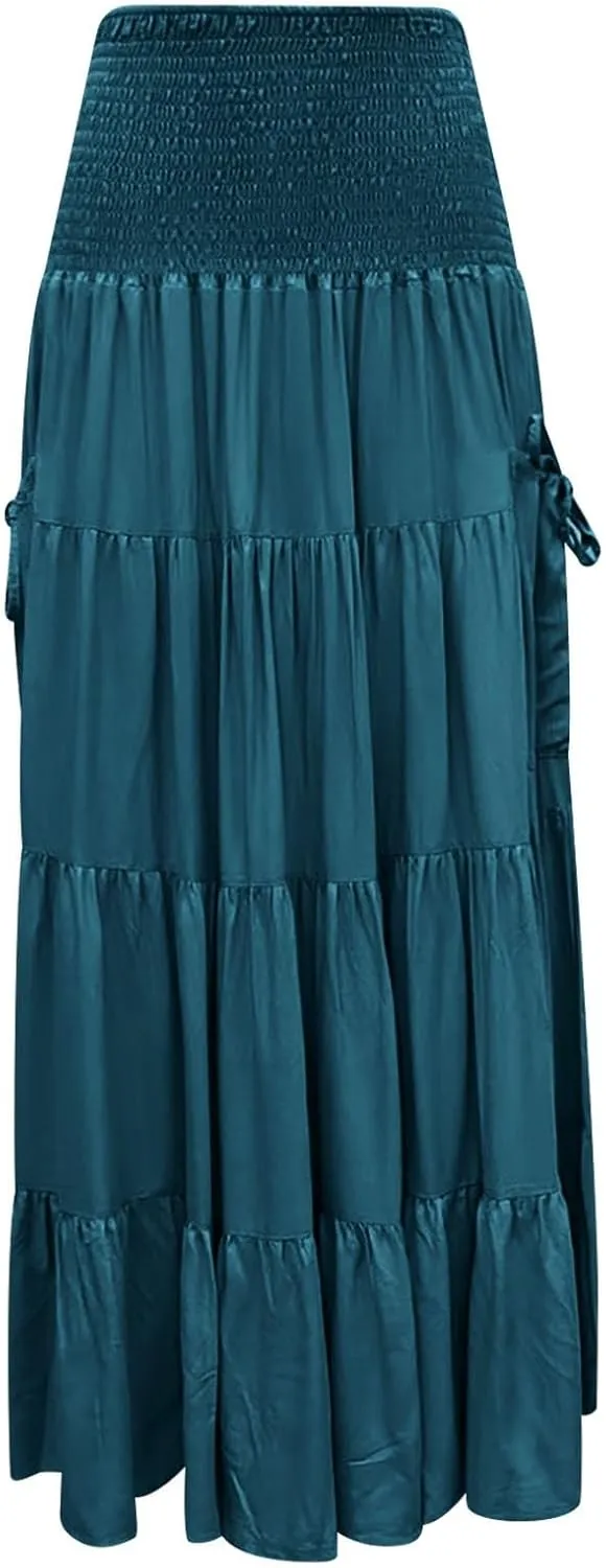 Linen Maxi Skirts for Women Flowy Skirt 2025 Boho Flowy Swing Tiered A-Line Elastic Waist Pleated Long Beach Dress