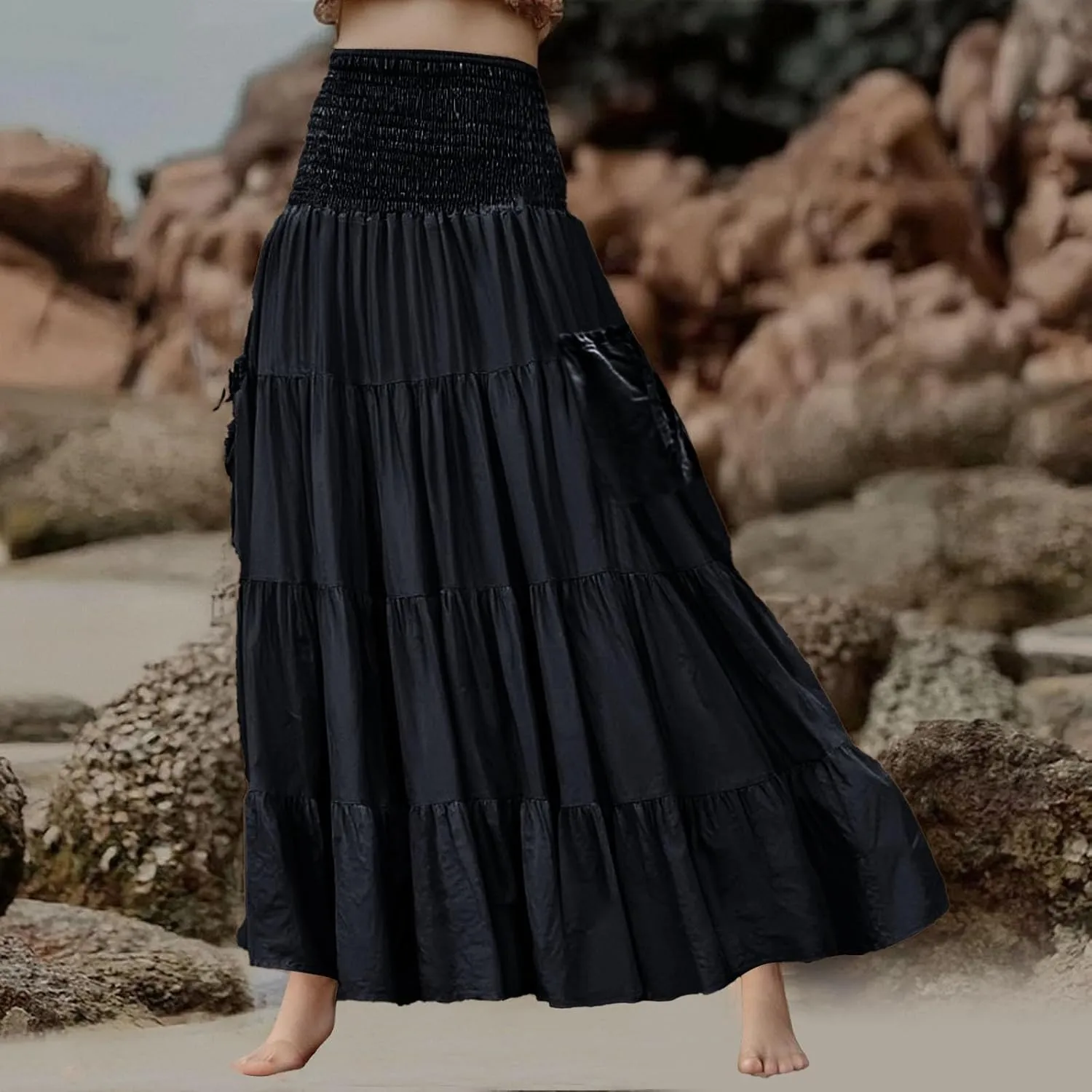 Linen Maxi Skirts for Women Flowy Skirt 2025 Boho Flowy Swing Tiered A-Line Elastic Waist Pleated Long Beach Dress