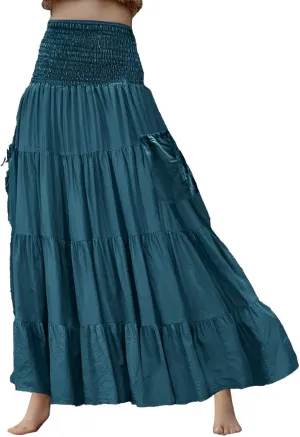 Linen Maxi Skirts for Women Flowy Skirt 2025 Boho Flowy Swing Tiered A-Line Elastic Waist Pleated Long Beach Dress