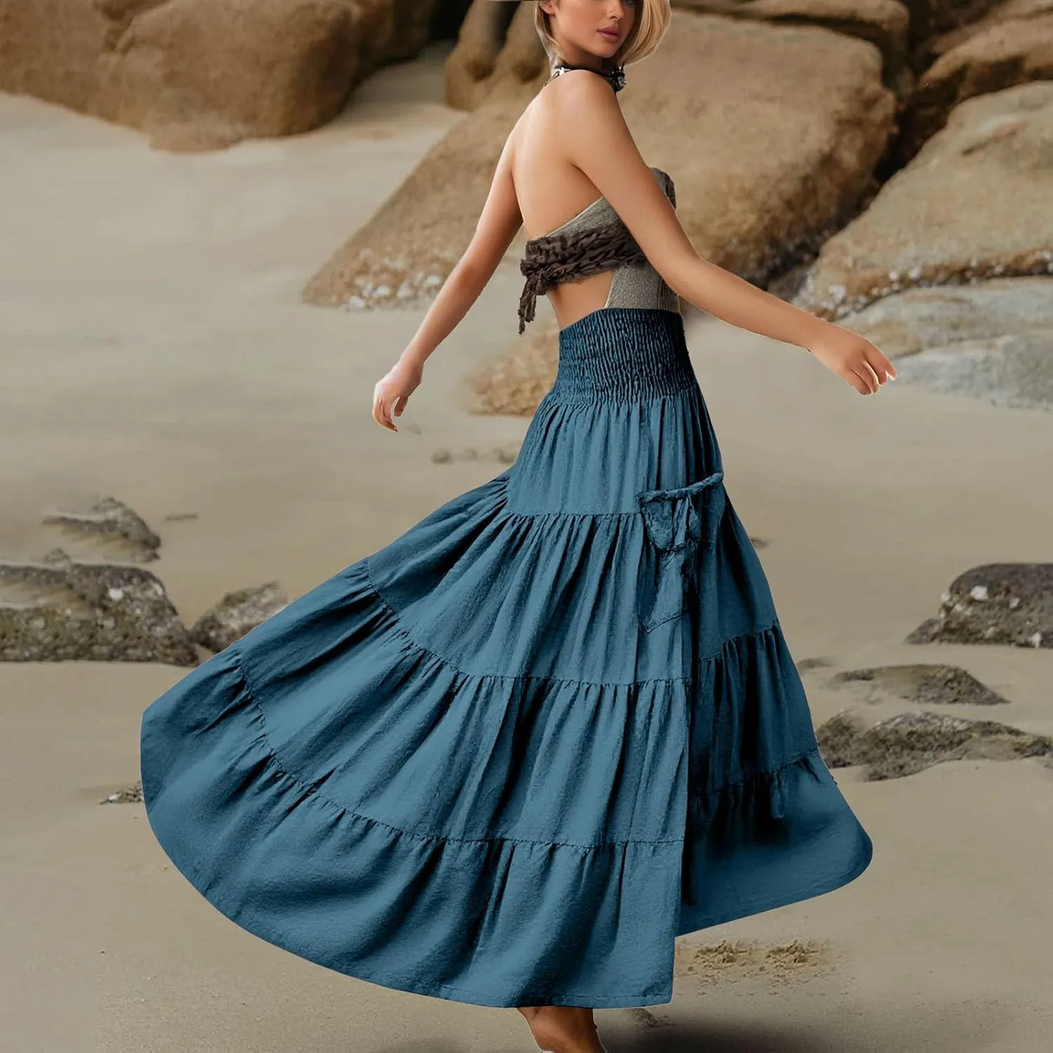 Linen Maxi Skirts for Women Flowy Skirt 2025 Boho Flowy Swing Tiered A-Line Elastic Waist Pleated Long Beach Dress