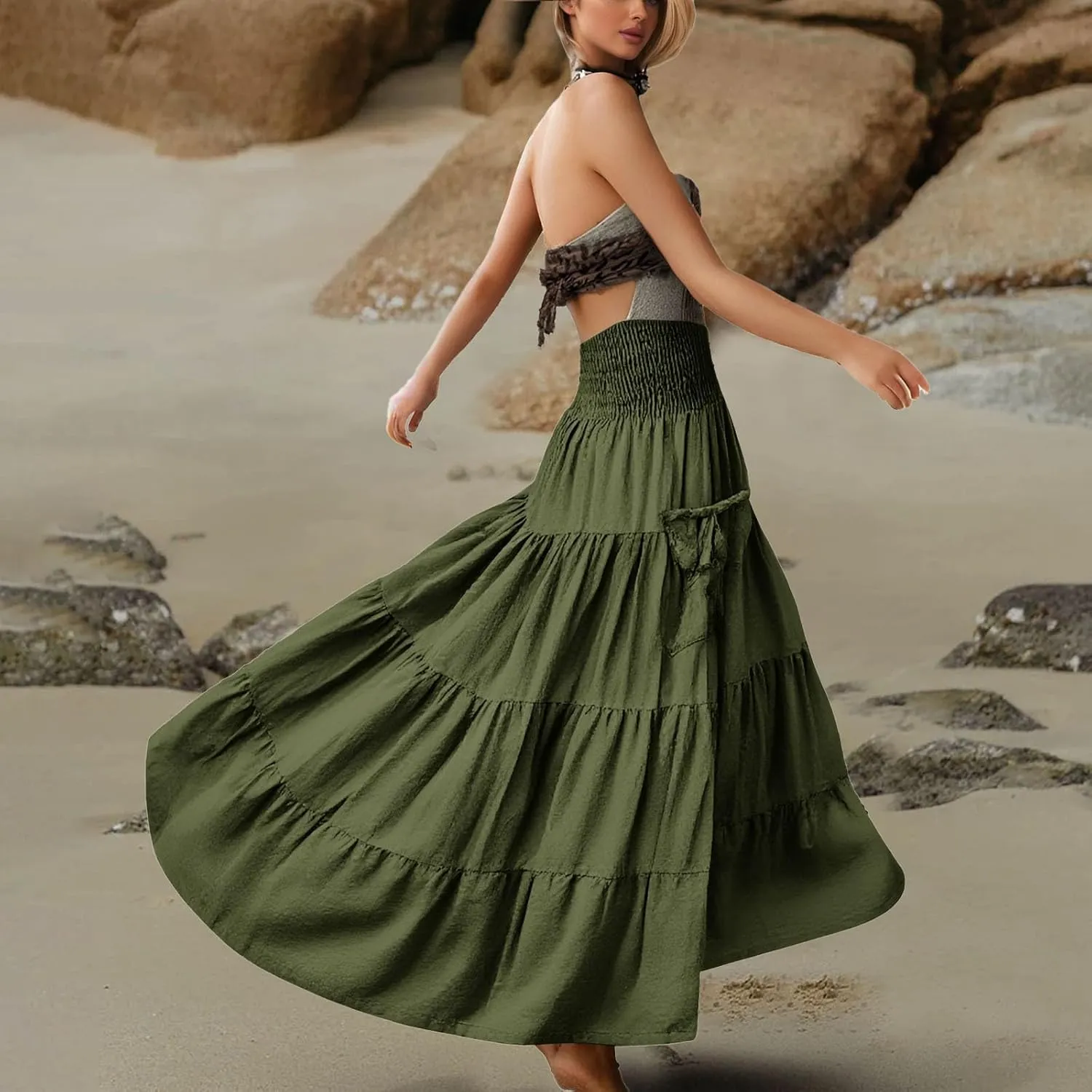 Linen Maxi Skirts for Women Flowy Skirt 2025 Boho Flowy Swing Tiered A-Line Elastic Waist Pleated Long Beach Dress