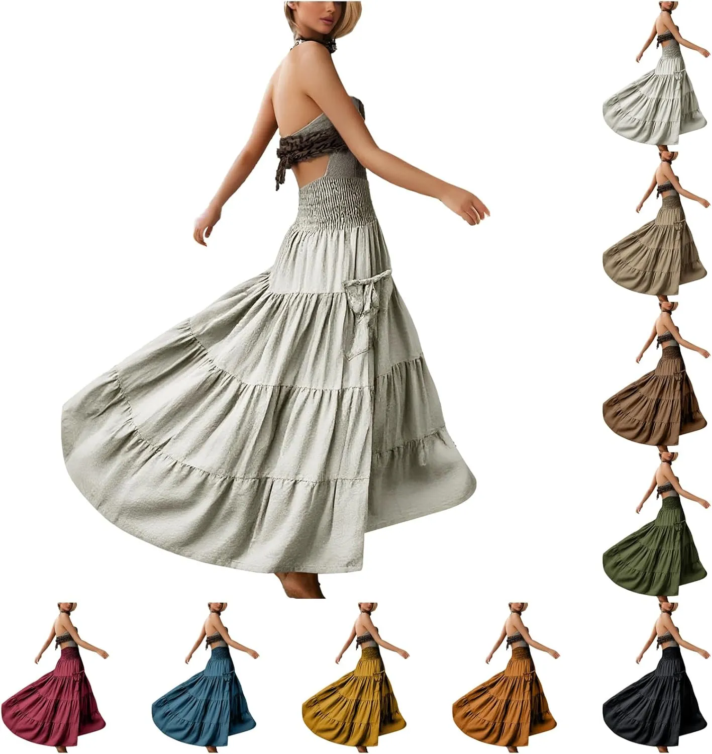 Linen Maxi Skirts for Women Flowy Skirt 2025 Boho Flowy Swing Tiered A-Line Elastic Waist Pleated Long Beach Dress