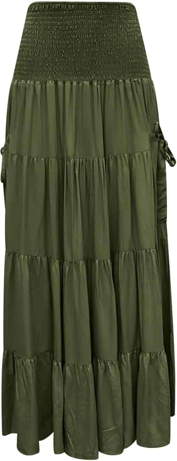 Linen Maxi Skirts for Women Flowy Skirt 2025 Boho Flowy Swing Tiered A-Line Elastic Waist Pleated Long Beach Dress