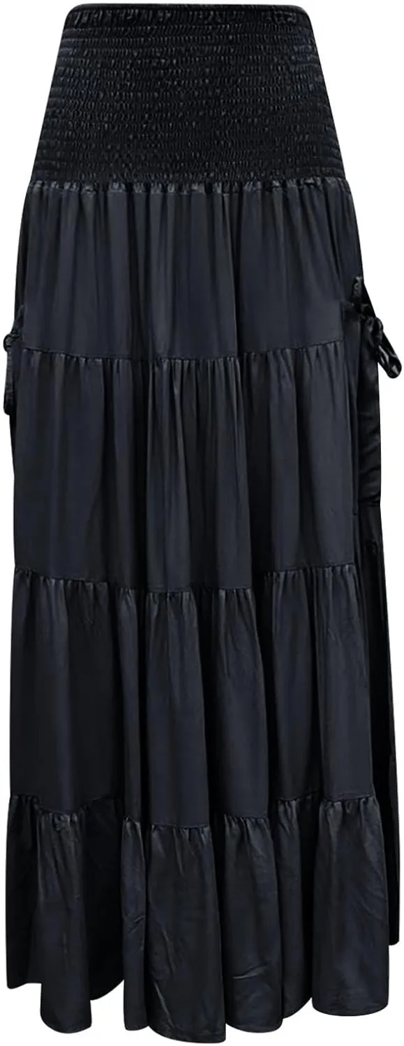 Linen Maxi Skirts for Women Flowy Skirt 2025 Boho Flowy Swing Tiered A-Line Elastic Waist Pleated Long Beach Dress