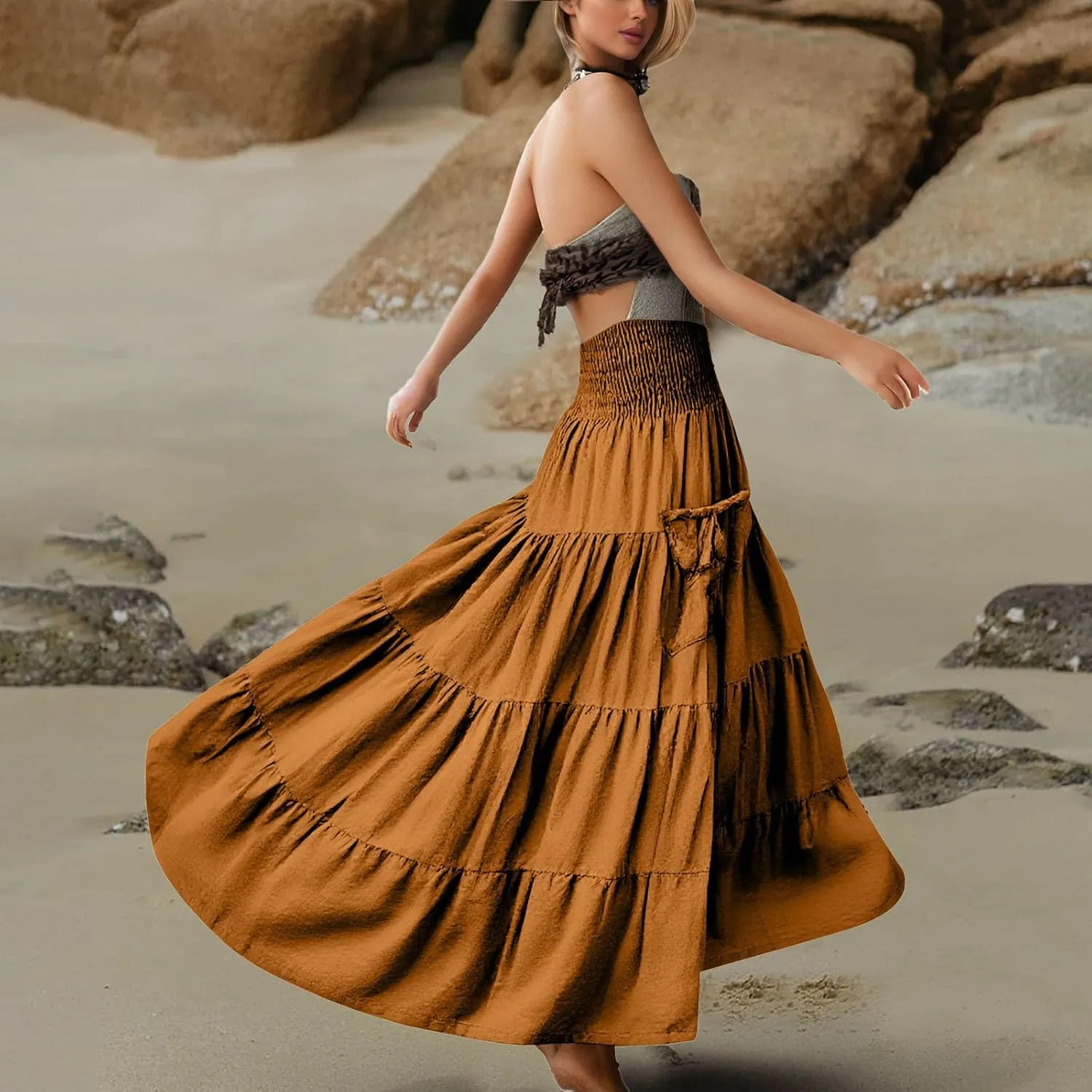 Linen Maxi Skirts for Women Flowy Skirt 2025 Boho Flowy Swing Tiered A-Line Elastic Waist Pleated Long Beach Dress