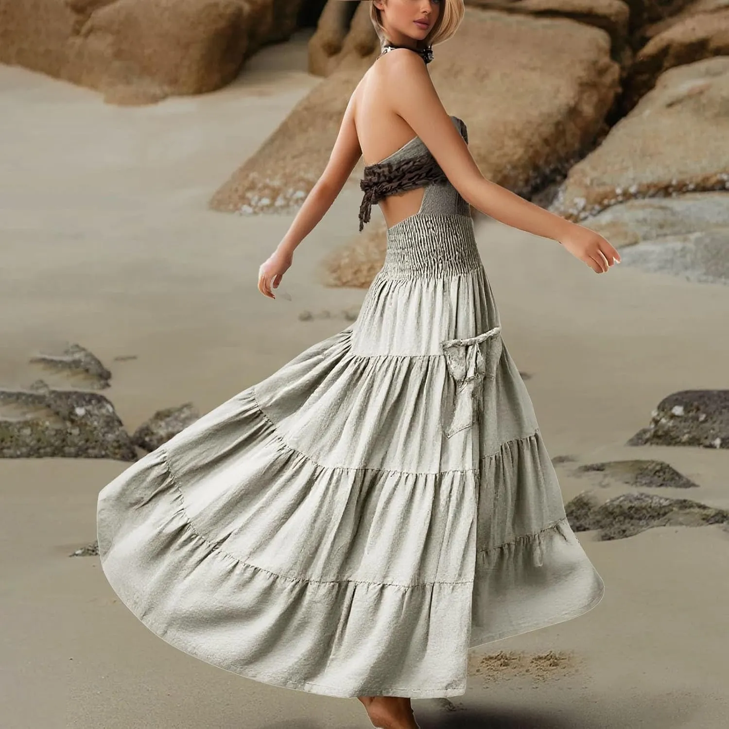 Linen Maxi Skirts for Women Flowy Skirt 2025 Boho Flowy Swing Tiered A-Line Elastic Waist Pleated Long Beach Dress