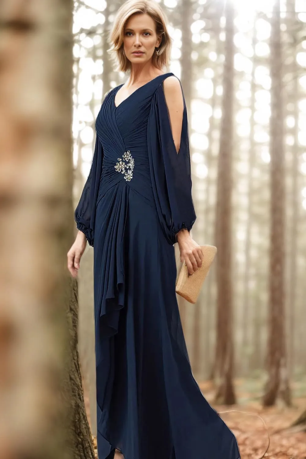 LIPOSA Women's Mother of Bride Dresses V Neck High Low Slit Cold Shoulder Long Sleeves Chiffon Formal Gowns