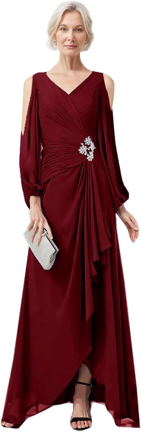 LIPOSA Women's Mother of Bride Dresses V Neck High Low Slit Cold Shoulder Long Sleeves Chiffon Formal Gowns
