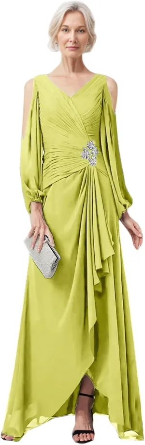 LIPOSA Women's Mother of Bride Dresses V Neck High Low Slit Cold Shoulder Long Sleeves Chiffon Formal Gowns