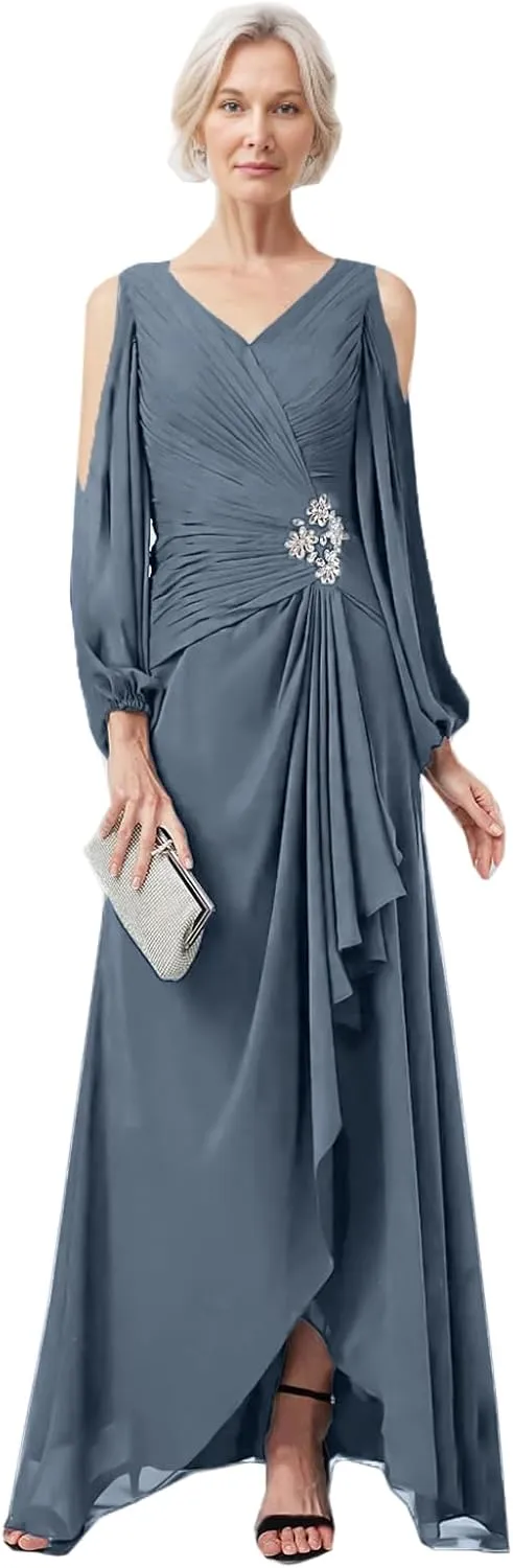 LIPOSA Women's Mother of Bride Dresses V Neck High Low Slit Cold Shoulder Long Sleeves Chiffon Formal Gowns