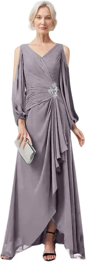 LIPOSA Women's Mother of Bride Dresses V Neck High Low Slit Cold Shoulder Long Sleeves Chiffon Formal Gowns