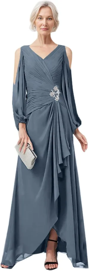 LIPOSA Women's Mother of Bride Dresses V Neck High Low Slit Cold Shoulder Long Sleeves Chiffon Formal Gowns