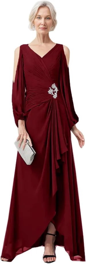 LIPOSA Women's Mother of Bride Dresses V Neck High Low Slit Cold Shoulder Long Sleeves Chiffon Formal Gowns