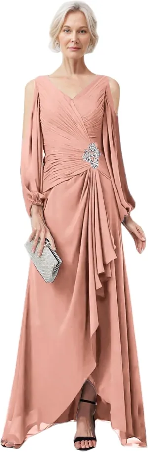 LIPOSA Women's Mother of Bride Dresses V Neck High Low Slit Cold Shoulder Long Sleeves Chiffon Formal Gowns