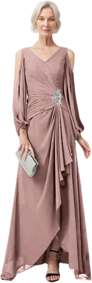 LIPOSA Women's Mother of Bride Dresses V Neck High Low Slit Cold Shoulder Long Sleeves Chiffon Formal Gowns
