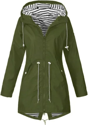 Long Rain Jacket Women Striped Lined Hooded Lightweight Raincoats Outdoor Waterproof Windbreaker Rain Coat Trench Coats