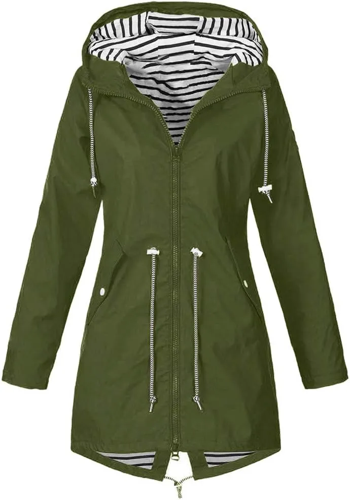 Long Rain Jacket Women Striped Lined Hooded Lightweight Raincoats Outdoor Waterproof Windbreaker Rain Coat Trench Coats