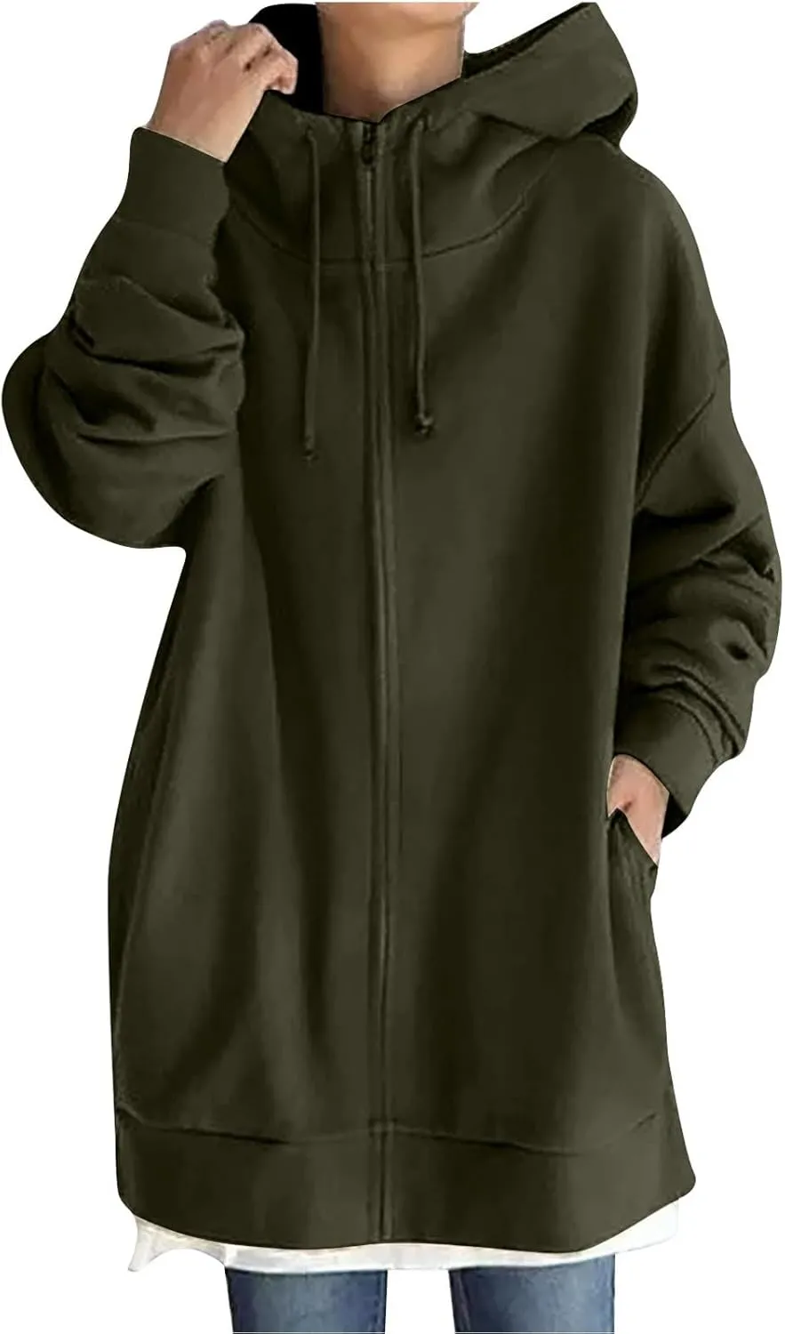 Long Zip Up Hoodies for Women Casual Long Sleeve Hooded Fleece Jackets Loose Fit Tunic Fall Sweatshirts with Pockets