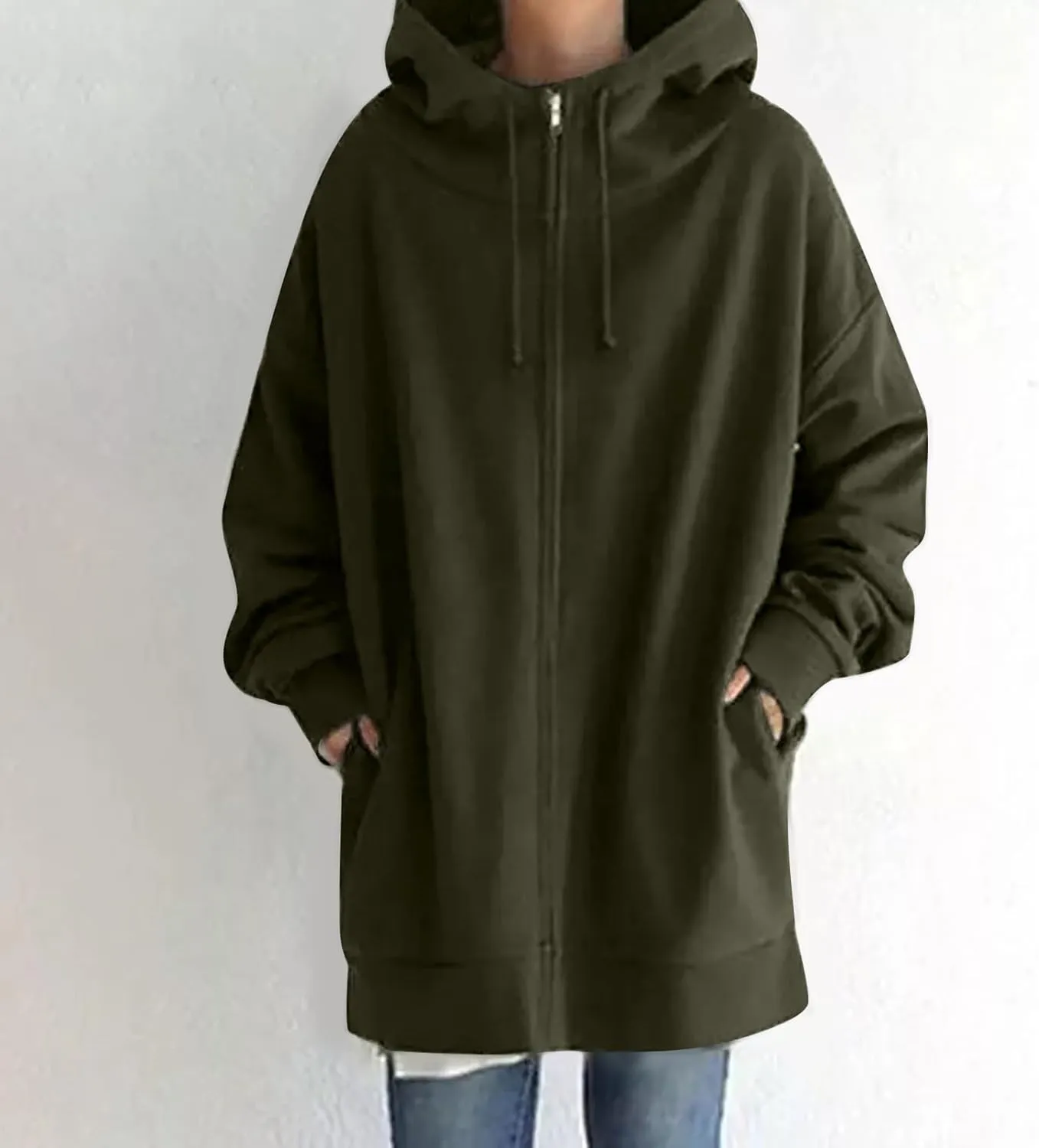 Long Zip Up Hoodies for Women Casual Long Sleeve Hooded Fleece Jackets Loose Fit Tunic Fall Sweatshirts with Pockets