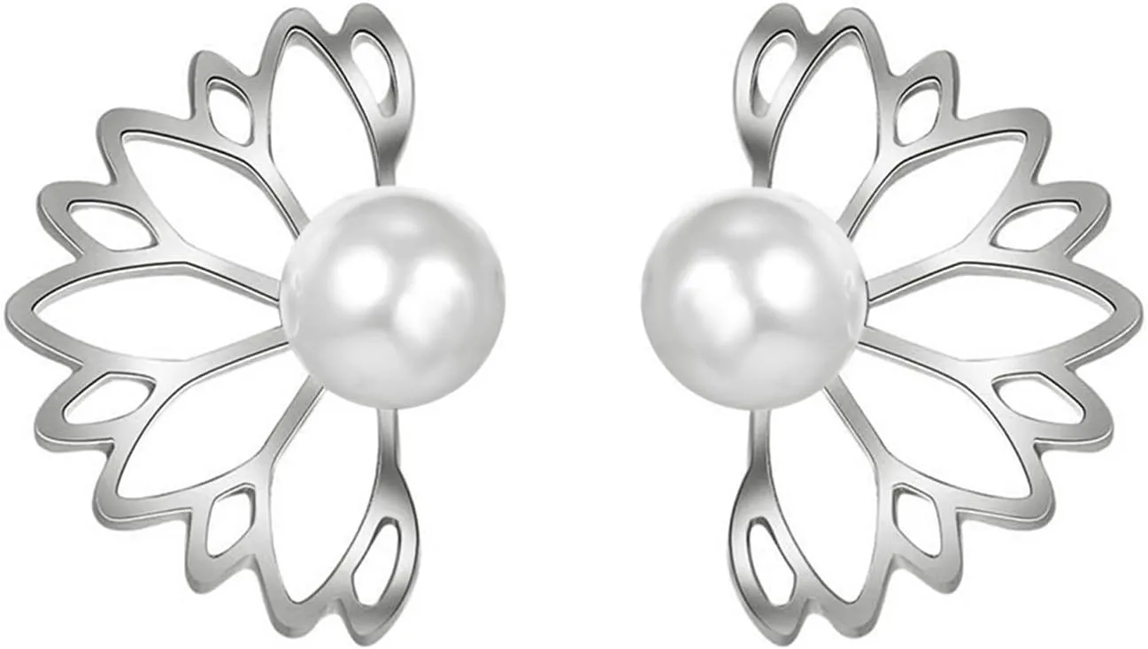 Lotus Flower Ear Jacket Earrings Gold Silver Plated Bohemian Vintage Hollow Out Lotu Floral Pearl Small Front Back Ear Cuffs Stud Earrings for Women Christmas Birthday Party Jewelry Gifts