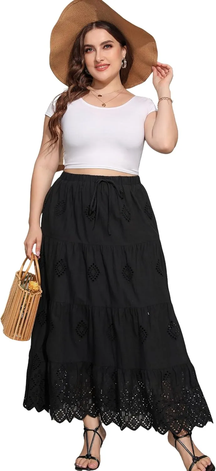 Love Welove Fashion Womens Summer Boho Cotton Embroidered Tiered Maxi Skirt Elastic High Waist A-Line Long Beach Dress