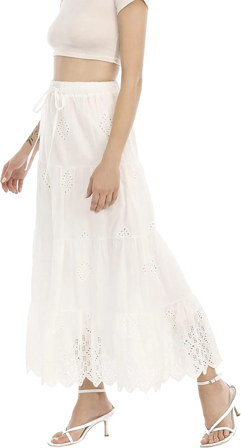Love Welove Fashion Womens Summer Boho Cotton Embroidered Tiered Maxi Skirt Elastic High Waist A-Line Long Beach Dress