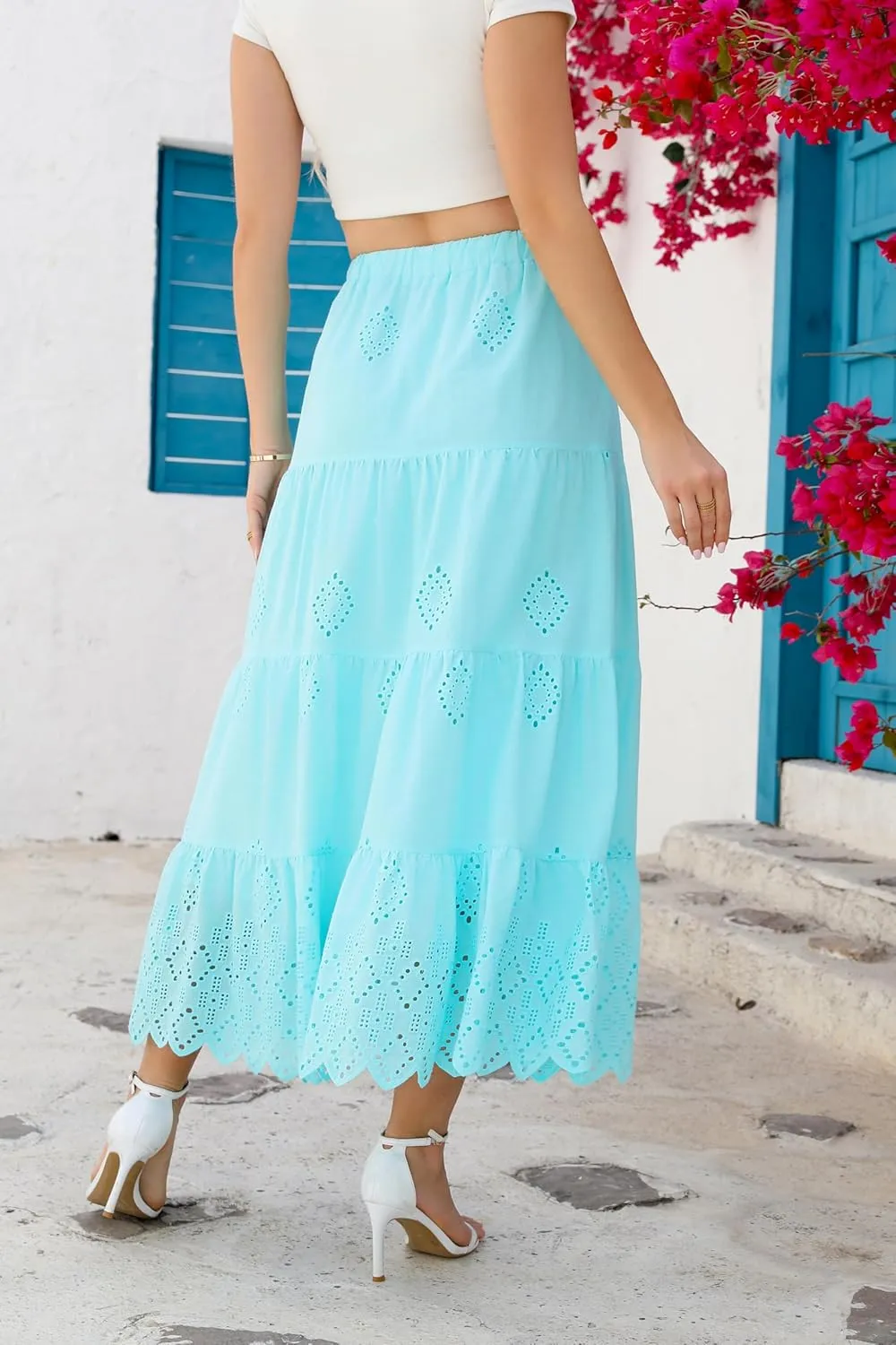 Love Welove Fashion Womens Summer Boho Cotton Embroidered Tiered Maxi Skirt Elastic High Waist A-Line Long Beach Dress