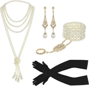 LUBINGSHINE 3pcs Pearl Jewelry Set 1920s Vintage Accessories for Women Long Multilayer Imitation Pearl Necklace Bracelet Dangly Earrings