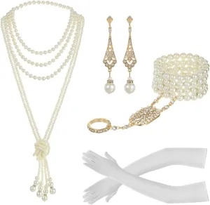 LUBINGSHINE 3pcs Pearl Jewelry Set 1920s Vintage Accessories for Women Long Multilayer Imitation Pearl Necklace Bracelet Dangly Earrings