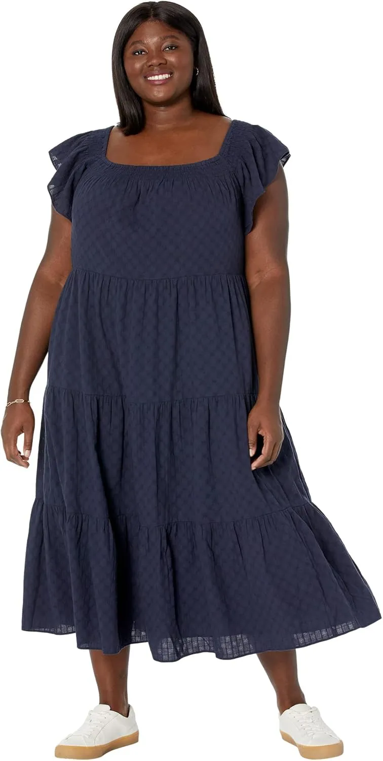 Madewell Plus Ruffle-Sleeve Tiered Midi Dress in Textured Check