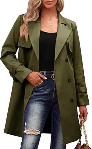 Maiyifu-GJ Trench Coat for Women Fall Winter Jackets Slim Fit Long Sleeve Windbreaker Lapel Double Breasted Trench Coat