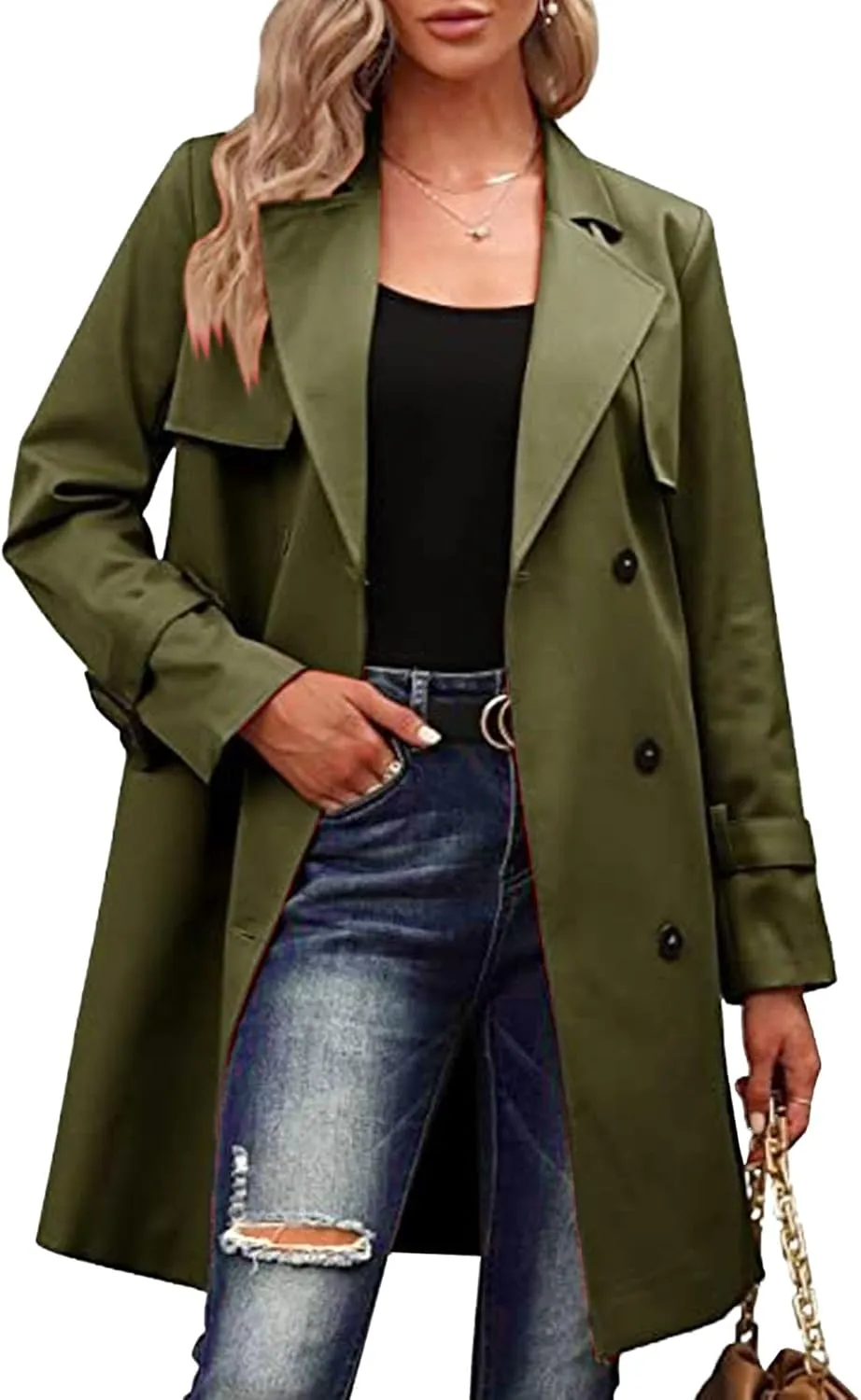 Maiyifu-GJ Trench Coat for Women Fall Winter Jackets Slim Fit Long Sleeve Windbreaker Lapel Double Breasted Trench Coat