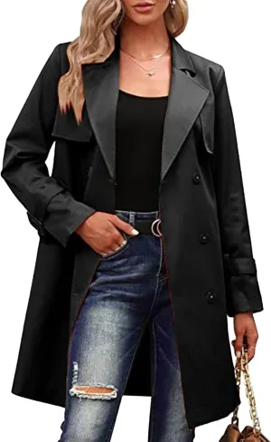 Maiyifu-GJ Trench Coat for Women Fall Winter Jackets Slim Fit Long Sleeve Windbreaker Lapel Double Breasted Trench Coat
