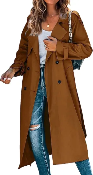 Maiyifu-GJ Trench Coat for Women Fall Winter Jackets Slim Fit Long Sleeve Windbreaker Lapel Double Breasted Trench Coat