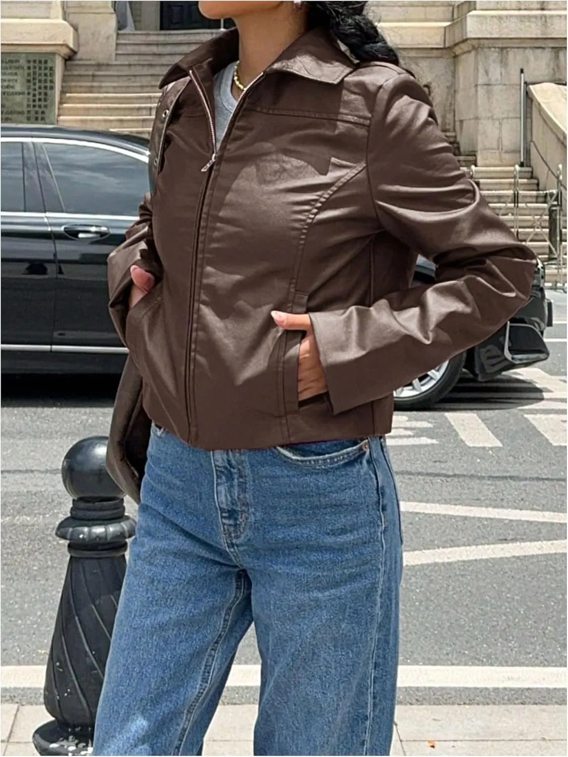 MakeMeChic Women's Crop Faux Leather Jacket Vintage Long Sleeve Collar Zip Up Biker Motorcycle Jackets Coats