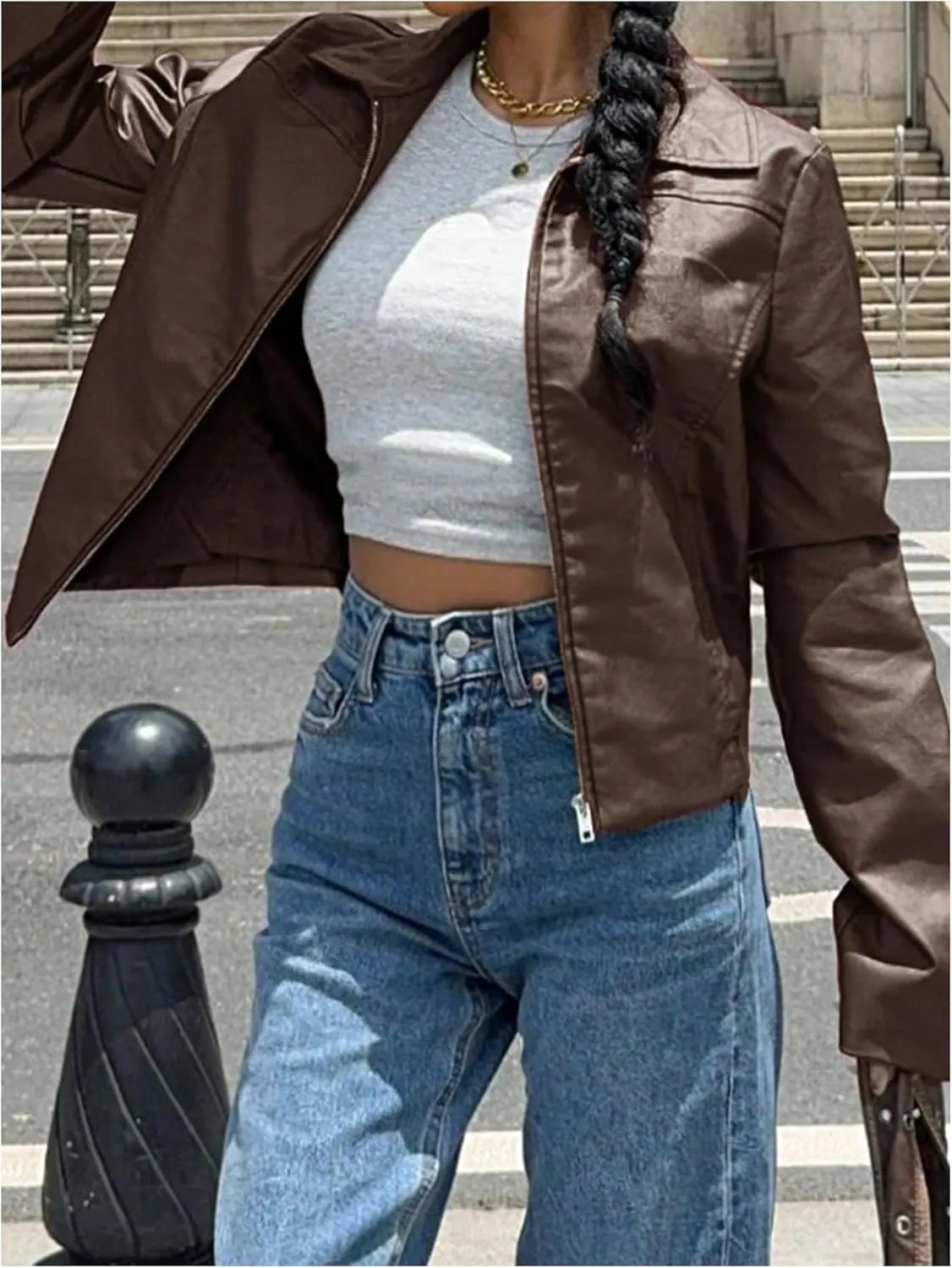 MakeMeChic Women's Crop Faux Leather Jacket Vintage Long Sleeve Collar Zip Up Biker Motorcycle Jackets Coats