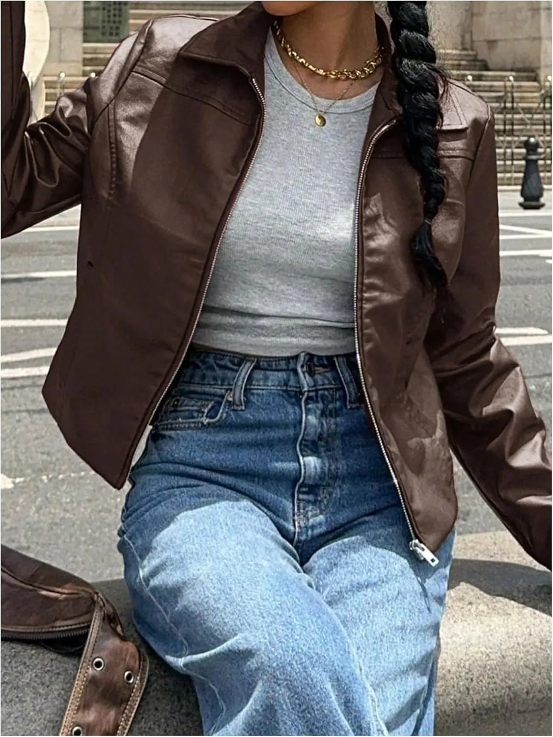 MakeMeChic Women's Crop Faux Leather Jacket Vintage Long Sleeve Collar Zip Up Biker Motorcycle Jackets Coats
