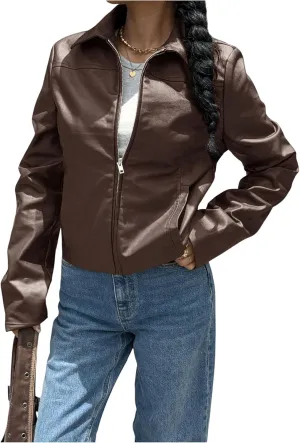 MakeMeChic Women's Crop Faux Leather Jacket Vintage Long Sleeve Collar Zip Up Biker Motorcycle Jackets Coats