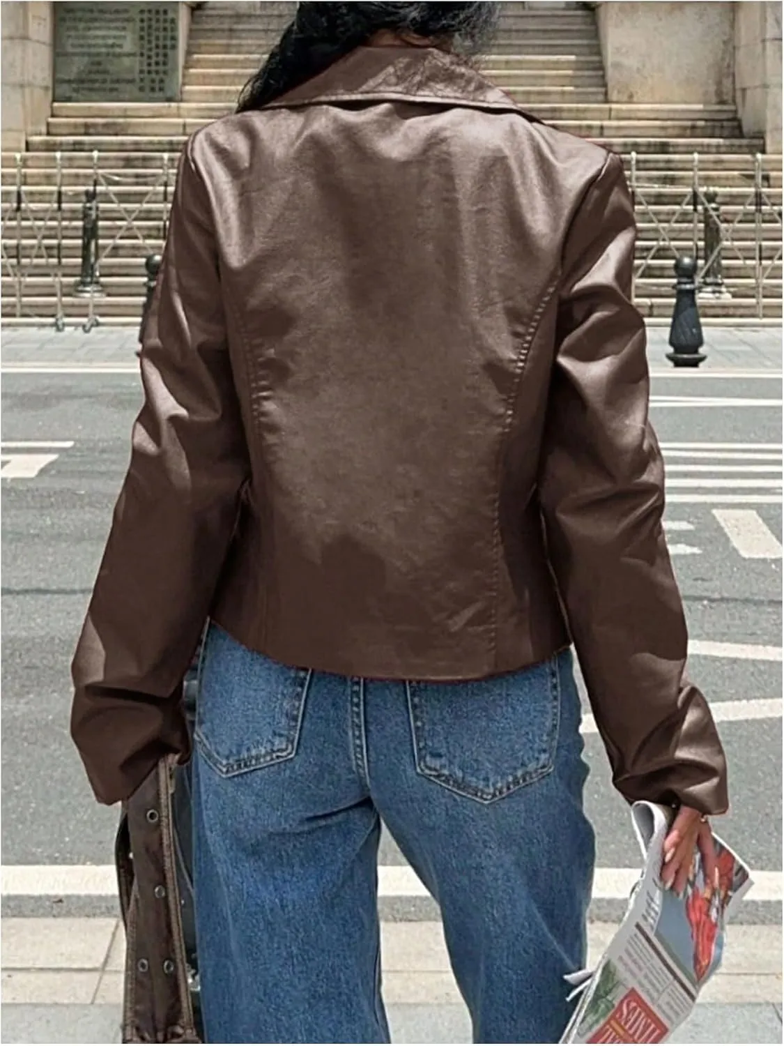 MakeMeChic Women's Crop Faux Leather Jacket Vintage Long Sleeve Collar Zip Up Biker Motorcycle Jackets Coats