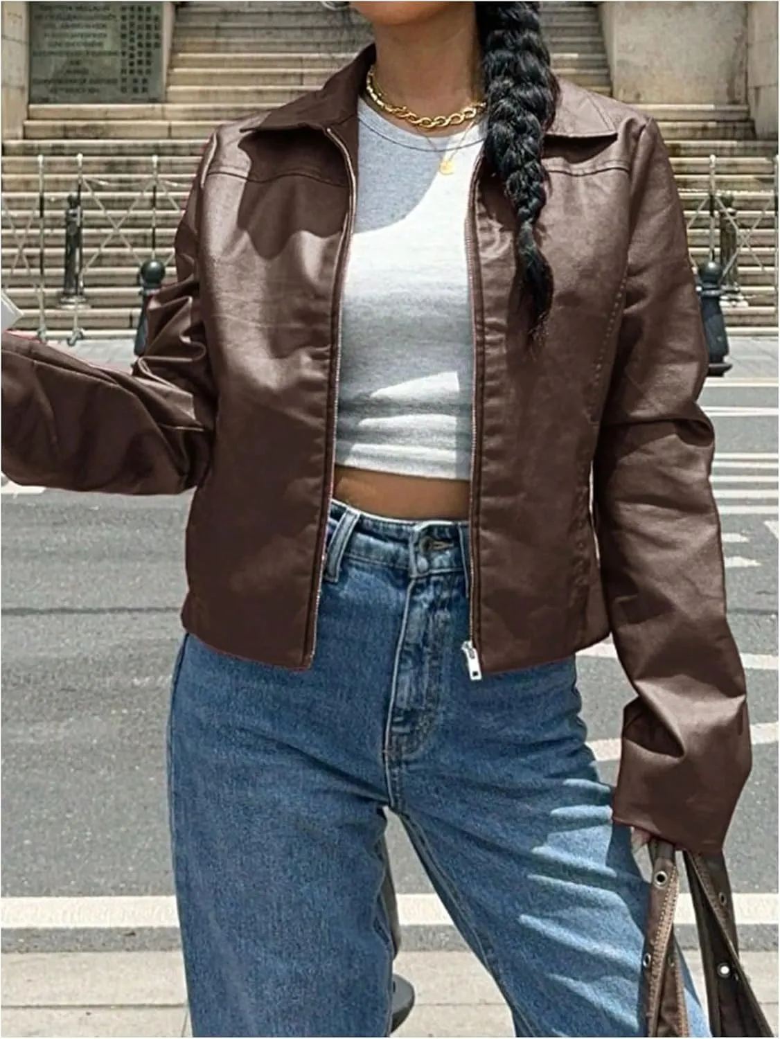 MakeMeChic Women's Crop Faux Leather Jacket Vintage Long Sleeve Collar Zip Up Biker Motorcycle Jackets Coats