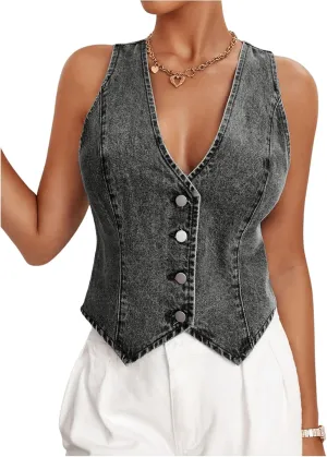 MakeMeChic Women's Denim Vest Tops Y2K Button Down V Neck Asymmetrical Crop Jean Vest Jackets