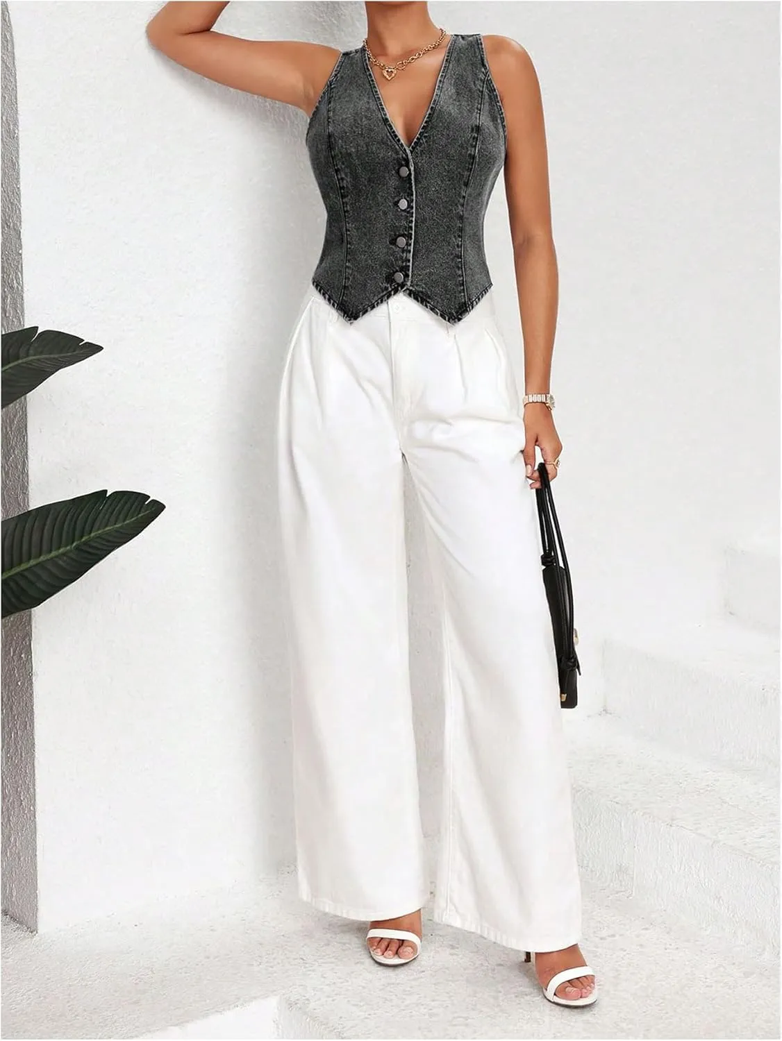 MakeMeChic Women's Denim Vest Tops Y2K Button Down V Neck Asymmetrical Crop Jean Vest Jackets