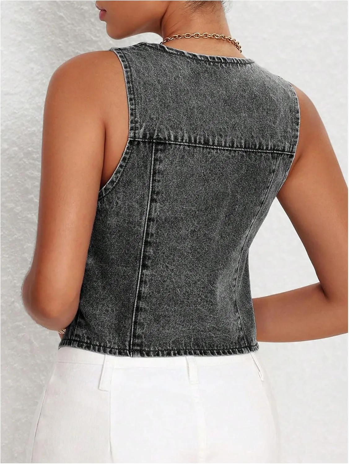 MakeMeChic Women's Denim Vest Tops Y2K Button Down V Neck Asymmetrical Crop Jean Vest Jackets