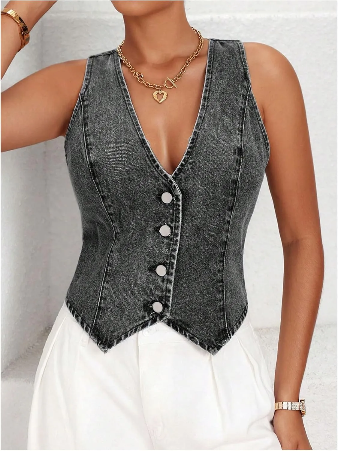 MakeMeChic Women's Denim Vest Tops Y2K Button Down V Neck Asymmetrical Crop Jean Vest Jackets