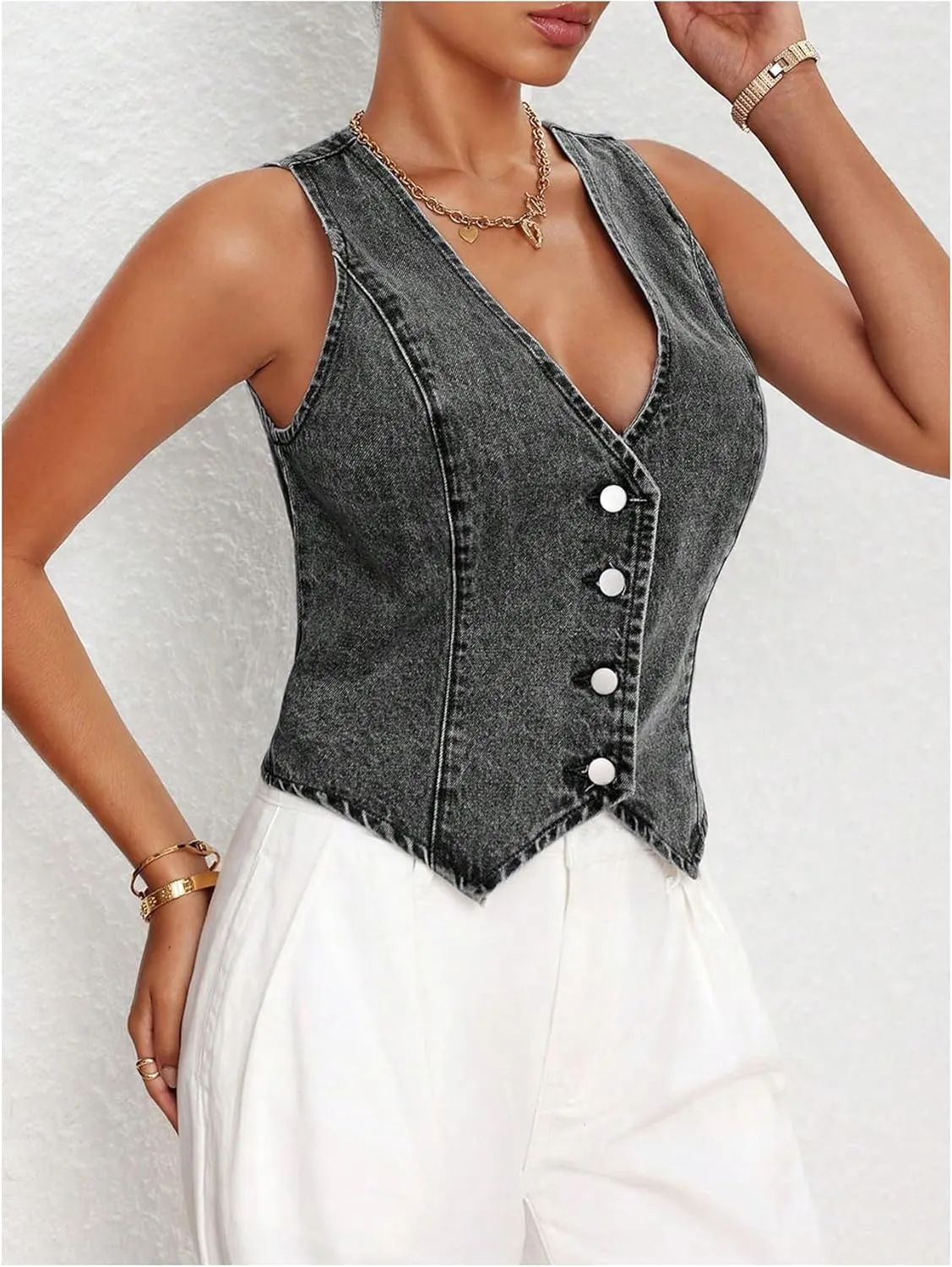 MakeMeChic Women's Denim Vest Tops Y2K Button Down V Neck Asymmetrical Crop Jean Vest Jackets